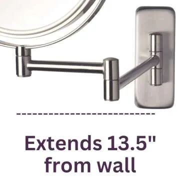 JERDON Two-Sided Wall Mounted Nickel Finish Makeup Mirror - 5X-1X Magnification - 8” Diameter Mirror Extends 13.5” - Model JP7506N