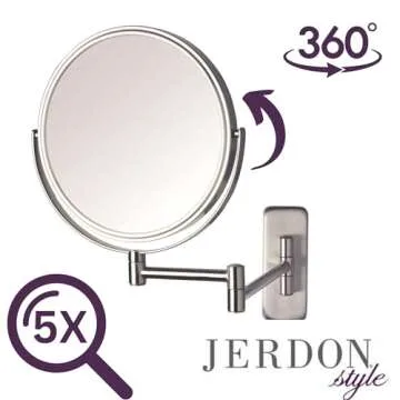 JERDON Two-Sided Wall Mounted Nickel Finish Makeup Mirror - 5X-1X Magnification - 8” Diameter Mirror Extends 13.5” - Model JP7506N
