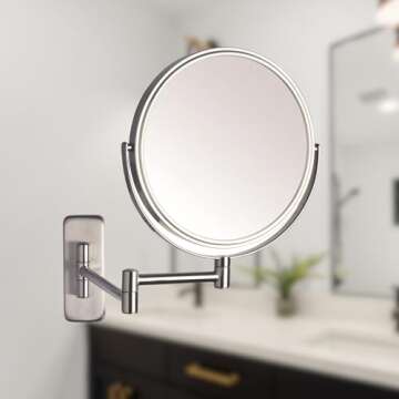 JERDON Two-Sided Wall Mounted Nickel Finish Makeup Mirror - 5X-1X Magnification - 8” Diameter Mirror Extends 13.5” - Model JP7506N