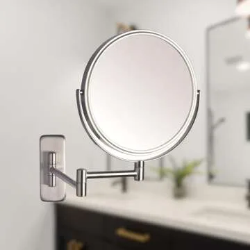 JERDON Two-Sided Wall Mounted Nickel Finish Makeup Mirror - 5X-1X Magnification - 8” Diameter Mirror Extends 13.5” - Model JP7506N