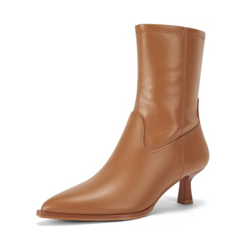 Coutgo Womens Pointed Toe Ankle Boots Stacked Kitten Low Heel Side Zipper Fall Booties Shoes, Brown,...
