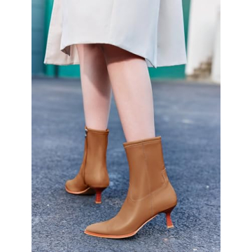 Coutgo Womens Pointed Toe Ankle Boots Stacked Kitten Low Heel Side Zipper Fall Booties Shoes, Brown, Size 7.5