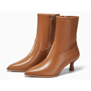 Coutgo Womens Pointed Toe Ankle Boots Stacked Kitten Low Heel Side Zipper Fall Booties Shoes, Brown, Size 7.5