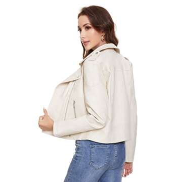 Fahsyee Women's Faux Leather Jackets, Zip Up Motorcycle Short PU Moto Biker Outwear Fitted Slim Coat White Size M