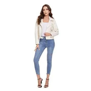 Fahsyee Women's Faux Leather Jackets, Zip Up Motorcycle Short PU Moto Biker Outwear Fitted Slim Coat White Size M