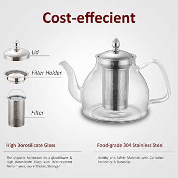 Glass Teapot, 40oz/1200mL Glass Kettle with Removable Stainless Steel Infuser for Blooming Tea & Loo...