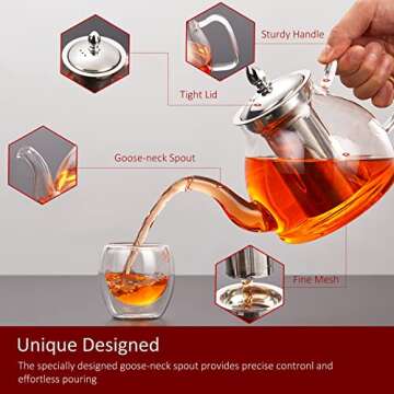 Glass Teapot, 40oz/1200mL Glass Kettle with Removable Stainless Steel Infuser for Blooming Tea & Loose Leaf Tea, Gooseneck Tea Pot, Microwave & Stovetop Safe, Gift Box for Tea Maker