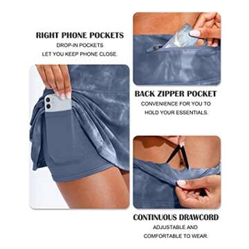 Soothfeel Pleated Tennis Skirt for Women with Pockets Women's High Waisted Athletic Golf Skorts Skirts for Workout Running（Tie Dye Dusty Blue, XS）