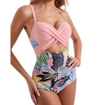 SUUKSESS Women Sexy Cutout One Piece Swimsuits Push Up High Waisted Monokini Bathing Suits (Pink Floral, L)
