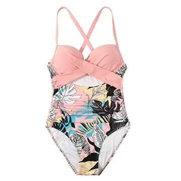 SUUKSESS Women Sexy Cutout One Piece Swimsuits Push Up High Waisted Monokini Bathing Suits (Pink Floral, L)