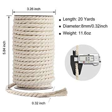 Hdviai Cotton Cord 8mm x 20 Yards - Natural Unbleached Macrame Rope - 3 Strand Twisted Cotton Rope f...
