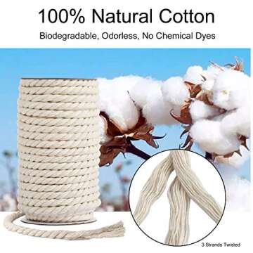 Hdviai Cotton Cord 8mm x 20 Yards - Natural Unbleached Macrame Rope - 3 Strand Twisted Cotton Rope for Wall Hanging，DIY Craft Making，Plant Hangers，Knotting Decorative Projects (White)