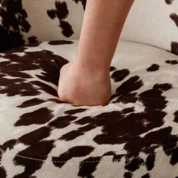 Ya-Home Modern Swivel Ottoman Vanity Chair, Linen Upholstered Barrel Chair Club Chair 360°Degree Swivel Side Chair with Storage, Comfy Makeup Stool for Bedroom Living Room, Milk Cow