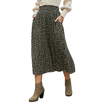 EXLURA Womens High Waist Polka Dot Pleated Skirt Midi Swing Skirt with Pockets