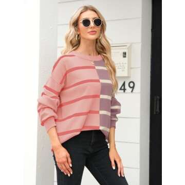 Fisoew Women's Striped Pullover Sweater - Relaxed Fit, Lightweight