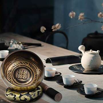 SOUNDANCE 5 Inch Tibetan Singing Bowl Set for Meditation Yoga Chakra Healing Relaxation Mindfulness Heart Peace, Handcrafted Metal Brass Bowls with Hammered Mallet Silk Cushion