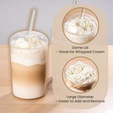 Combler Glass Cups with Lids and Straws, 16 oz Iced Coffee Cup with Dome Lids, Clear Glass Coffee Cups Set of 2, Glass Tumbler with Straw for Coffee Bar Accessories Gift, House Warming Gifts New Home