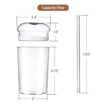 Combler Glass Cups with Lids and Straws, 16 oz Iced Coffee Cup with Dome Lids, Clear Glass Coffee Cups Set of 2, Glass Tumbler with Straw for Coffee Bar Accessories Gift, House Warming Gifts New Home