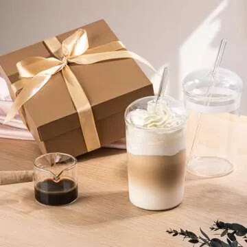 Combler Glass Cups with Lids and Straws, 16 oz Iced Coffee Cup with Dome Lids, Clear Glass Coffee Cups Set of 2, Glass Tumbler with Straw for Coffee Bar Accessories Gift, House Warming Gifts New Home