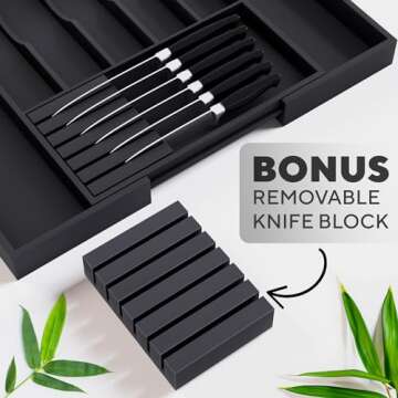 Premium Expandable Kitchen Drawer Organizer - 100% Bamboo Organizer Tray - Great for Silverware, Large Utensils, Flatware, Cutlery - 8 Compartments with Knife Block - Perfectly Fits Your Drawers