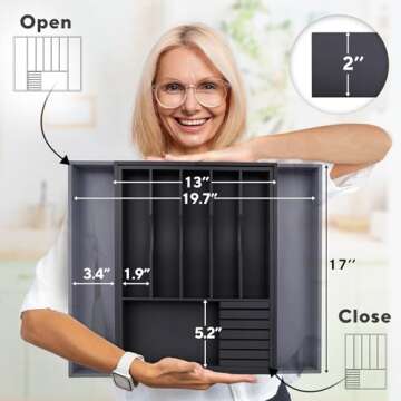 Premium Expandable Kitchen Drawer Organizer - 100% Bamboo Organizer Tray - Great for Silverware, Large Utensils, Flatware, Cutlery - 8 Compartments with Knife Block - Perfectly Fits Your Drawers