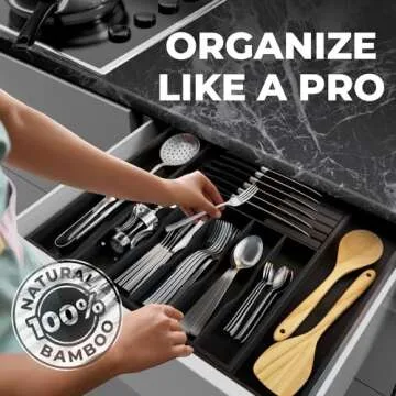 Premium Expandable Kitchen Drawer Organizer - 100% Bamboo Organizer Tray - Great for Silverware, Large Utensils, Flatware, Cutlery - 8 Compartments with Knife Block - Perfectly Fits Your Drawers