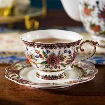 ACMLIFE Bone China Tea Cup and Saucer Set for 1, Vintage Floral Tea Cup with Saucer, Spoon and Gift Box, 6.8 oz