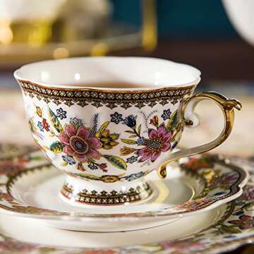 ACMLIFE Bone China Tea Cup and Saucer Set for 1, Vintage Floral Tea Cup with Saucer, Spoon and Gift Box, 6.8 oz