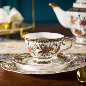 ACMLIFE Bone China Tea Cup and Saucer Set for 1, Vintage Floral Tea Cup with Saucer, Spoon and Gift Box, 6.8 oz