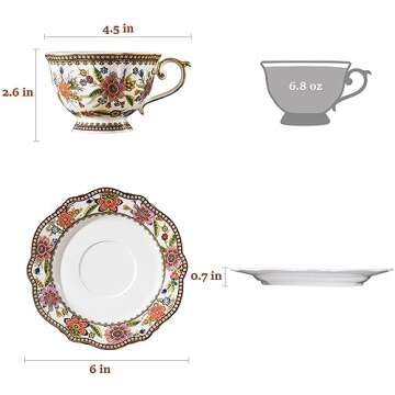 ACMLIFE Bone China Tea Cup and Saucer Set for 1, Vintage Floral Tea Cup with Saucer, Spoon and Gift Box, 6.8 oz