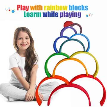 Dinhon Wooden Rainbow Stacking Toys, 12 Pcs Wood Building Blocks Set Wooden Building Blocks Nesting Puzzles, Early Matching Educational Learning Montessori Toys for Kids 3 4 5 6 Years and Up
