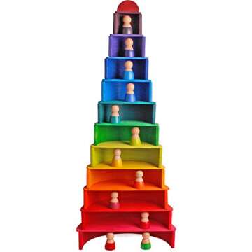 Dinhon Wooden Rainbow Stacking Toys, 12 Pcs Wood Building Blocks Set Wooden Building Blocks Nesting Puzzles, Early Matching Educational Learning Montessori Toys for Kids 3 4 5 6 Years and Up