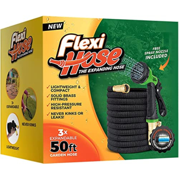 Flexi Hose with 8 Function Nozzle Expandable Garden Hose, Lightweight & No-Kink Flexible Garden Hose, 3/4 inch Solid Brass Fittings and Double Latex Core, 50 ft Black