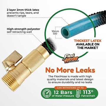 Flexi Hose with 8 Function Nozzle Expandable Garden Hose, Lightweight & No-Kink Flexible Garden Hose, 3/4 inch Solid Brass Fittings and Double Latex Core, 50 ft Black