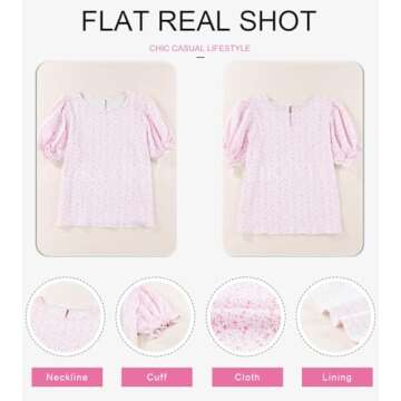 Dokotoo Womens Tops Summer Blouses and Tops Casual Floral Print Crewneck Flowy Smocked Puff Short Sleeve Shirt Stylish Loose Babydoll Blouse Elegant Solid Shirts Top for Teen Girls Juniors XL Pink
