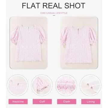 Dokotoo Womens Tops Summer Blouses and Tops Casual Floral Print Crewneck Flowy Smocked Puff Short Sleeve Shirt Stylish Loose Babydoll Blouse Elegant Solid Shirts Top for Teen Girls Juniors XL Pink