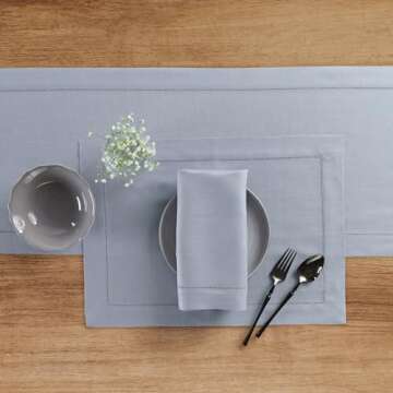 Solino Home Hemstitch Linen Placemats 19" L x 14" W Inch - 100% Pure Linen Dusty Blue Easter Cloth Placemats Set of 4 - Classic Hemstitch, Washable Fabric Table Mats
