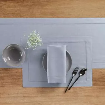 Solino Home Hemstitch Linen Placemats 19" L x 14" W Inch - 100% Pure Linen Dusty Blue Easter Cloth Placemats Set of 4 - Classic Hemstitch, Washable Fabric Table Mats