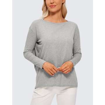 CRZ YOGA Pima Cotton Long Sleeve Workout Shirts for Women - Casual Boat Neck Tops