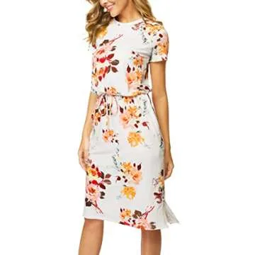 Simier Fariry Womens Spring Modest Short Sleeve Teacher Casual Knee Midi Dress Floral White S
