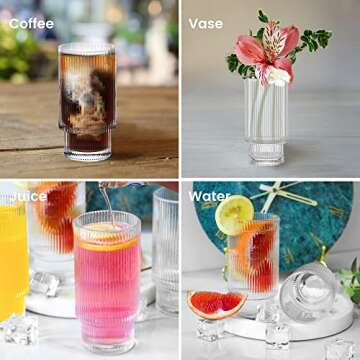 VKDONE Ribbed Drinking Glasses, Ribbed Glass Cups Set of 4, 12 oz Origami Vintage Glass Cups for Water, Juice, Tea, Iced Coffee Cup, Cocktail Whiskey Beer Glasses, Birthday Gift