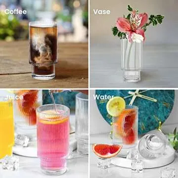 VKDONE Ribbed Drinking Glasses, Ribbed Glass Cups Set of 4, 12 oz Origami Vintage Glass Cups for Water, Juice, Tea, Iced Coffee Cup, Cocktail Whiskey Beer Glasses, Birthday Gift