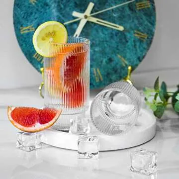 VKDONE Ribbed Drinking Glasses, Ribbed Glass Cups Set of 4, 12 oz Origami Vintage Glass Cups for Water, Juice, Tea, Iced Coffee Cup, Cocktail Whiskey Beer Glasses, Birthday Gift