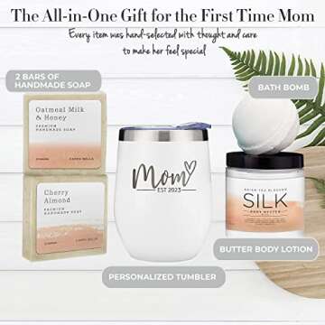 New Mom Gifts for Women - Est. 2023 Spa Basket w/ 12 oz White Tumbler Mothers Day Self Care Kit Relaxing after Birth Pregnancy First Time Moms