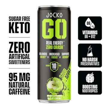Jocko GO Energy Drink - KETO, Vitamin B12, Vitamin B6, Electrolytes, L Theanine, Magnesium- All Natural Energy Boost, Sugar Free Nootropic Monk Fruit Blend - 12 Pack (Sour Apple)