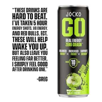 Jocko GO Energy Drink - KETO, Vitamin B12, Vitamin B6, Electrolytes, L Theanine, Magnesium- All Natural Energy Boost, Sugar Free Nootropic Monk Fruit Blend - 12 Pack (Sour Apple)