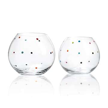 The Wine Savant Polka Dot Set of 2 Stemless Bubble Wine Glasses 18 oz Polka Dot Rainbow Glasses, Col...