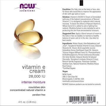NOW Foods Solutions, Vitamin E Cream 28,000 IU, Intense Moisture, Concentrated Vitamin E, 4-Ounce