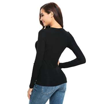 Womens Basic Long Sleeve Crew Neck Comfy Layering Slim Fit Stretch Henley Tees Shirts Top (S, Black)