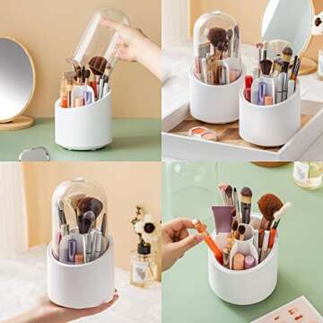Benkaim Makeup Brush Holder Organizer, Dustproof & Waterproof 360 Rotating Cosmetics Acrylic Make up Brush Container Storage with Lid for Vanity Desktop Bathroom Countertop (White)